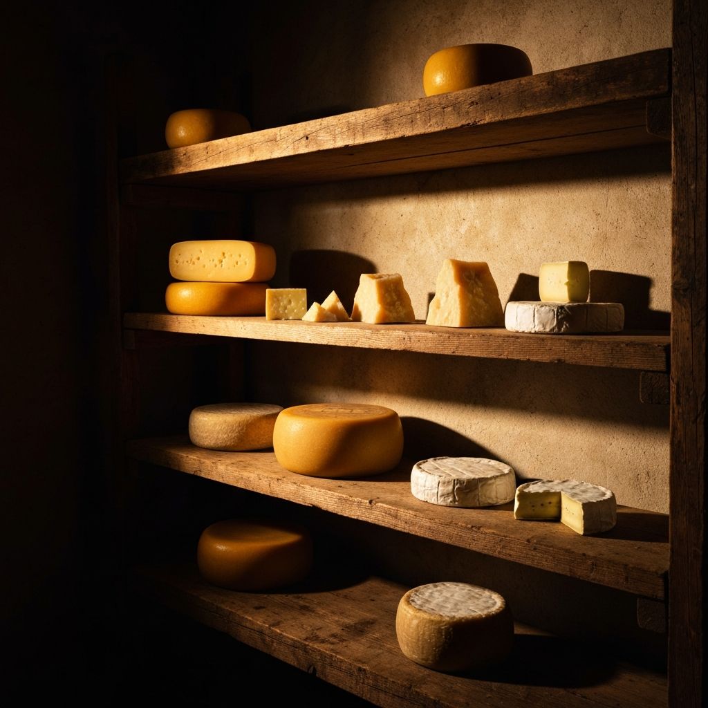 Artisan cheese wheels aging on shelves