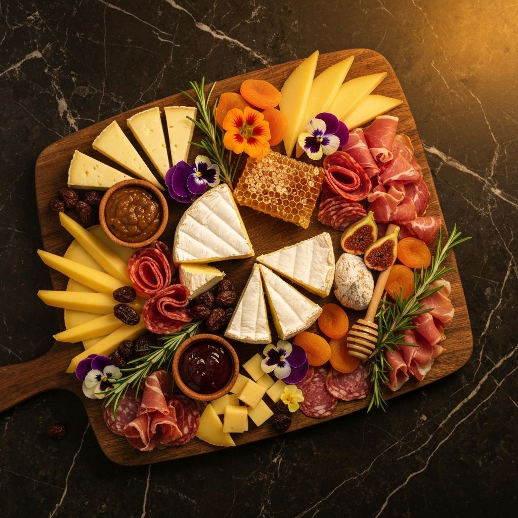 Overhead view of a curated cheese platter