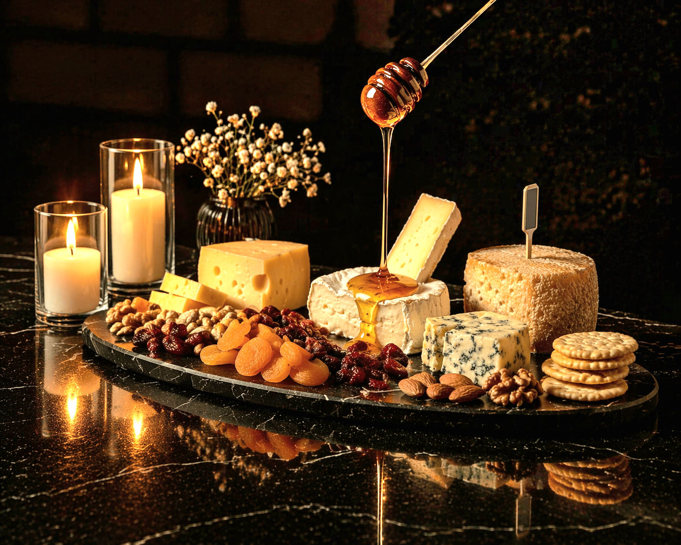 Luxury cheese and grazing table with candlelight
