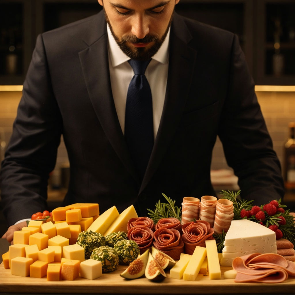 Professional cheese sommelier arranging an exquisite board